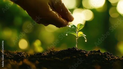 Nurturing New Growth: A single hand gently waters a nascent plant, symbolizing care, growth, and the nurturing of life in a vibrant, verdant setting.