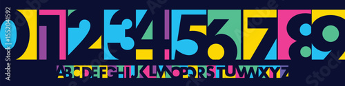 Colorful abstract number font, playful geometric alphabet with vibrant creativity display feel for creative logo branding, poster headline, typographic identity, sport team jersey. Vector typeset