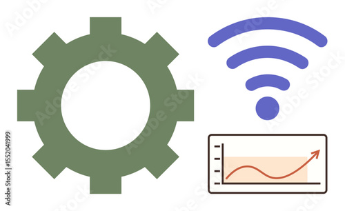 Green cog, purple wireless signal, and upward-trending graph highlight innovation, connectivity, efficiency, automation, technology, progress and growth. Ideal for tech concepts and simple flat