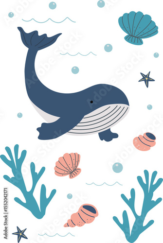 Cute cartoon whale with seashells and coral. Fun marine cartoon design perfect for children’s decor, nursery prints, or summer-themed projects