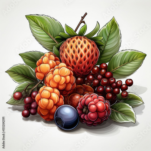 Vibrant Fruit Cluster Illustration with Detailed Leaves and Varied Berries Varieties