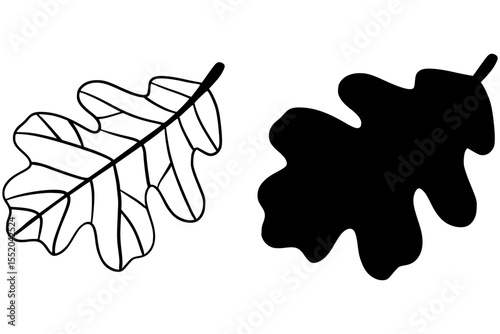 Minimalist black leaf illustration with both silhouette and outline versions. Simple linear and filled botanical design, perfect for nature themes, tattoos, eco branding, logos.