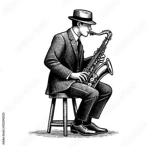 Man in suit playing saxophone sketch engraving black and white outline. Scratch board imitation.  illustrated in vintage line art style on a white background.