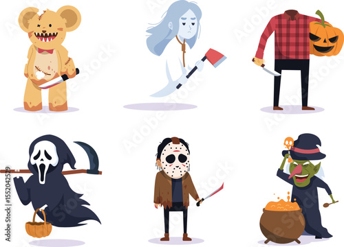 Spooky Halloween Characters Cartoon Illustrations of Ghosts, Killers, and Monsters