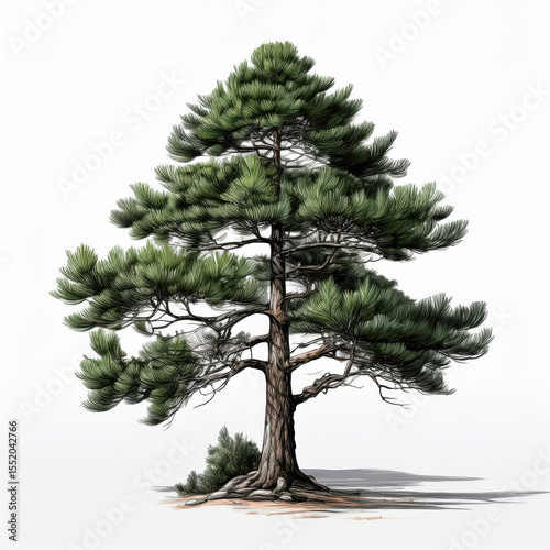 Illustration of a Pine Tree with Lush Green Needles on a White Background