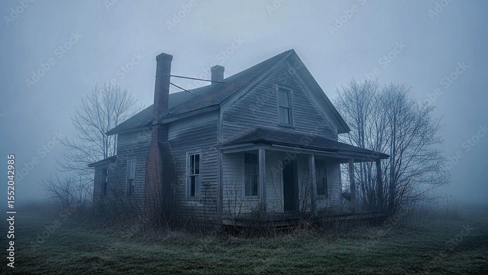 Obraz premium Creepy abandoned house enveloped in thick fog, nestled within a rural landscape at dusk, exuding a mysterious and eerie atmosphere that evokes feelings of isolation and desolation