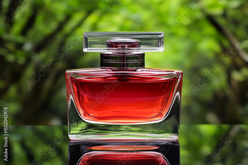 Luxury perfume bottle reflecting on glass surface amid greenery