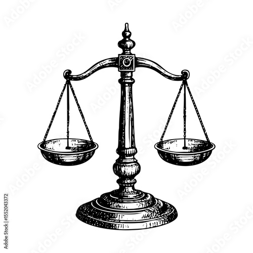 Scales of justice sketch engraving black and white outline. Scratch board imitation.  illustrated in vintage line art style on a white background.