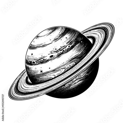 saturn planet sketch engraving black and white outline. Scratch board imitation.