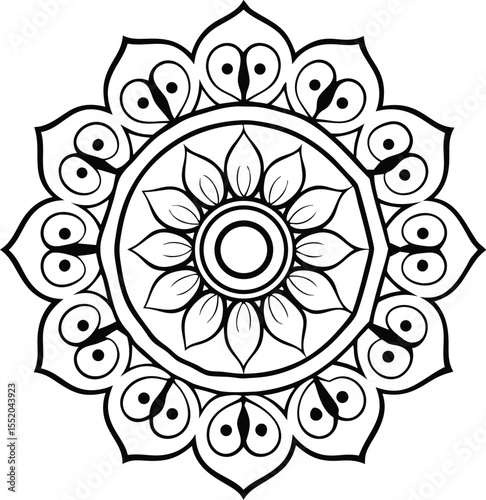 circular floral mandala design in black line art style for decorative and artistic use

