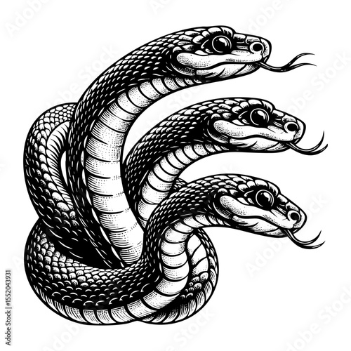 Three head snake sketch engraving sketch engraving black and white outline. Scratch board imitation.  illustrated in vintage line art style on a white background.