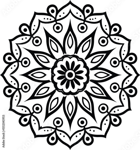 circular floral mandala design in black line art style for decorative and artistic use

