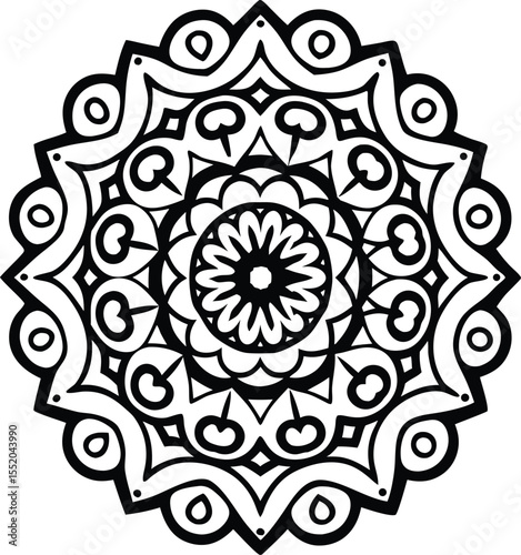 circular floral mandala design in black line art style for decorative and artistic use

