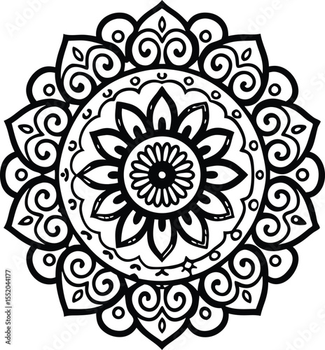 circular floral mandala design in black line art style for decorative and artistic use

