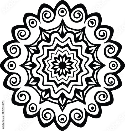 circular floral mandala design in black line art style for decorative and artistic use

