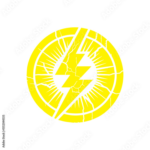 yellow lightning bolt icon cracked with texture flat design