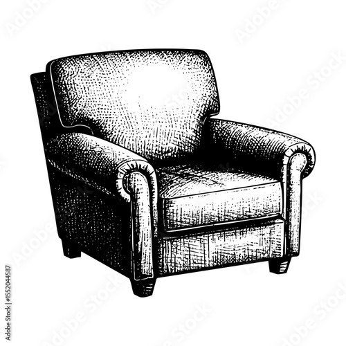 Leather sofa engraving black and white outline. Scratch board imitation.  illustrated in vintage line art style on a white background.
