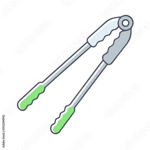 Cartoon illustration of metal tongs with green handles over a transparent background