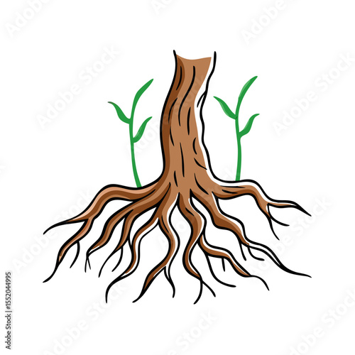 Cartoon Tree Stump with Visible Root System and Small Green Shoots