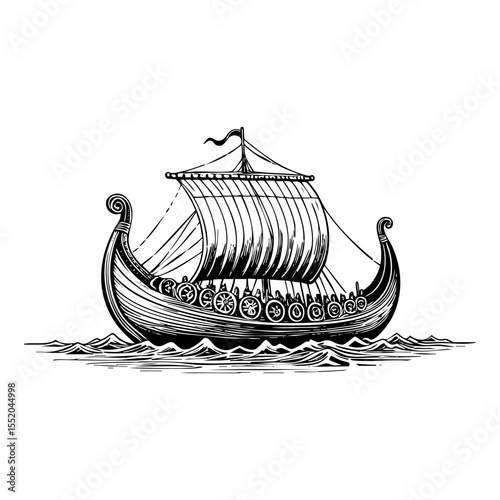 viking ship engraving sketch engraving black and white outline. Scratch board imitation.  illustrated in vintage line art style on a white background.