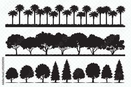 silhouette vector set of palm, deciduous and coniferous trees in black and white for design projects