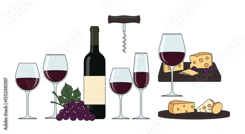 Wine Glasses Bottles Corkscrew Grapes and Cheese Still Life Illustration