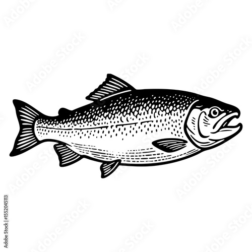 salmon sketch engraving black and white outline. Scratch board imitation.