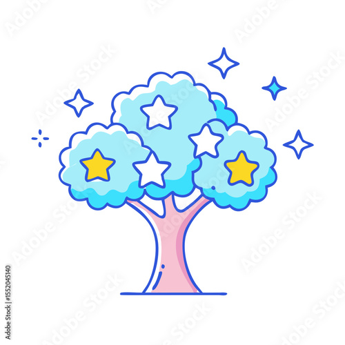 A cartoon tree with star shaped leaves glowing in the night sky