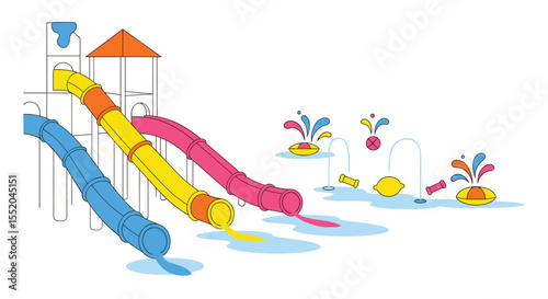 Cartoon Water Park with Colorful Slides and Splashing Fountains Illustration
