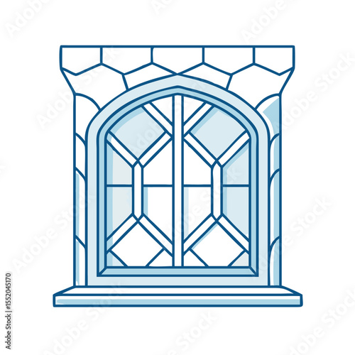 Stylized depiction of an old stone arched window on transparent background