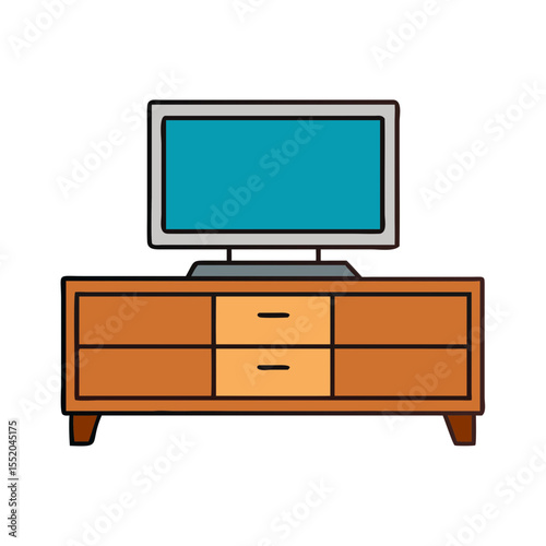 Illustration of a television on a dresser with drawers in a room