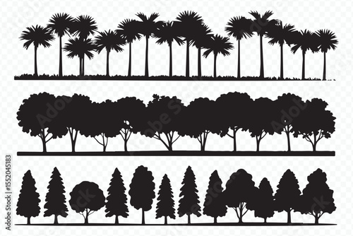 high-resolution black and white tree silhouettes palm, deciduous and coniferous for landscape and nature art vector