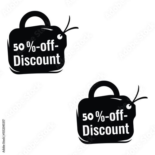 Two black shopping bag silhouettes with 50 percent off discount text isolated vector on white background silhouette