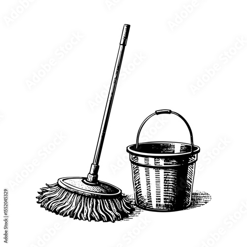 Mop and bucket sketch engraving black and white outline. Scratch board imitation. illustrated in vintage line art style on a white background.
