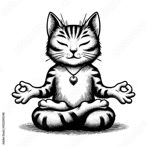 Cat meditation sketch engraving black and white outline. Scratch board imitation.