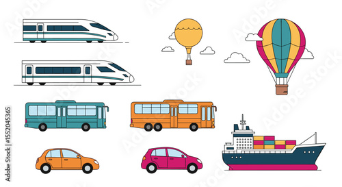 Collection of Various Transportation Vehicles Illustration on White Background