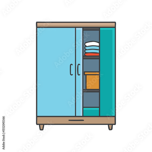 Cartoon illustration of a partially open wardrobe with clothes and boxes inside