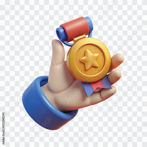 3D Hand Holding Medal PNG | Victory Award, Achievement Recognition, Sports Honor Icon