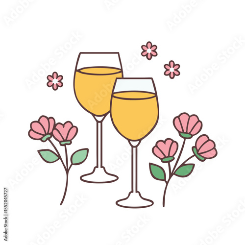 Illustration of celebratory champagne glasses with pink flowers on a white background
