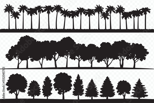 minimal tree silhouettes collection featuring palm, deciduous and coniferous forms in monochrome vector illustration