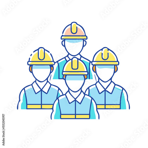 Construction workers wearing helmets and vests, illustrated with vibrant colors and simple lines