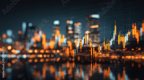 The dynamic financial graph overlaying a vibrant urban skyline at night.