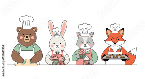 Cute Animals in Chef Hats Baking Delicious Treats Together