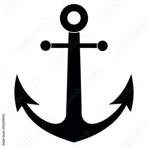 Simple Black and White Anchor Illustration with Ring, Stock, and Flukes on White Background
