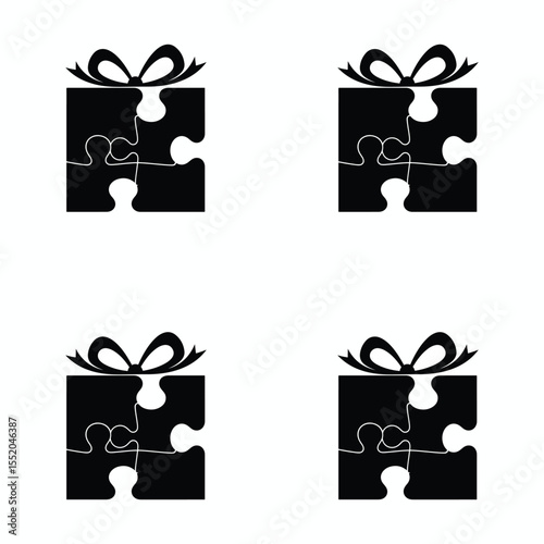 Vector puzzle piece gift boxes with bows silhouette isolated on white background. 