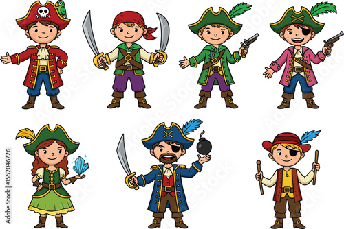 Colorful Pirate Characters Swashbuckling Adventurers, Treasure Hunters, and Cartoon Pirates
