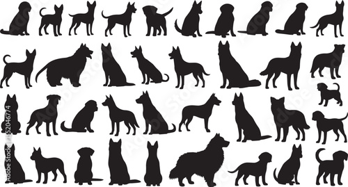 Collection of Dog Silhouettes Diverse Breeds in Black and White