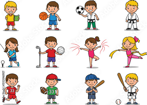 Kids Playing Sports Active Children, Team Games, and Fitness Cartoon Illustration