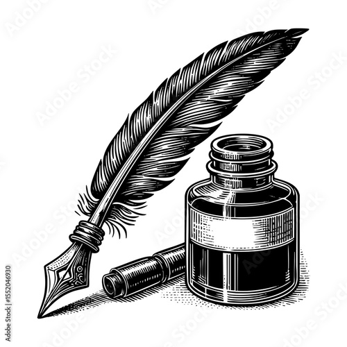 quill pen next to an inkwell sketch engraving black and white outline. Scratch board imitation.  illustrated in vintage line art style on a white background.