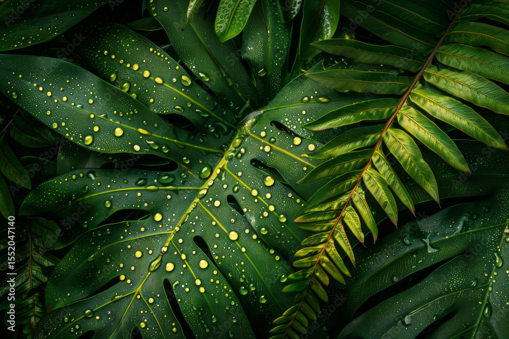 Fototapeta premium Lush green tropical leaves with droplets of water, detailed texture visible, dark green foliage background.